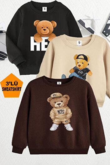 twins tailors Teddy bear Baskılı 3'lü Paket Unisex Bej-Siyah-Kahverengi Çocuk Sweatshirt