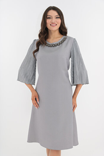 Vanessa Line RO Gray formal dress with pleated sleeves