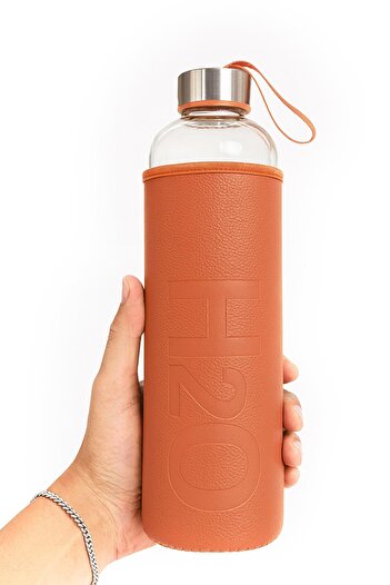 uğurlu dükkan Glass Water Bottle with Leather Case 1 Lt Orange