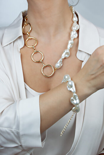 Liveyn Design Baroque Pearl Gold Ring Necklace Bracelet Set