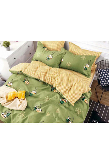 OEM Lenjerie pat dublu, Bumbac Finet, 6 piese, Albinute Verde/Galben