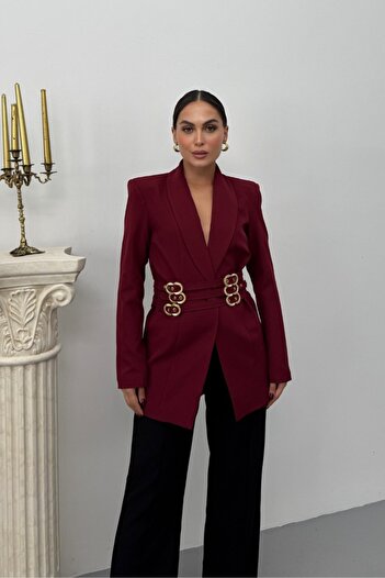 spirituel Women's Blazer Jacket Stylish Double-Breasted Collar Padded Jacket with Gold Belt Detail