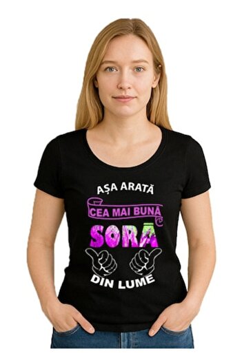 OEM Black t-shirt for women with print 'Best sister in the world', 100% cotton