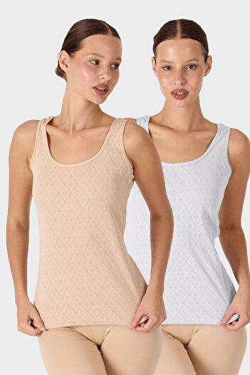 Malabadi Women's Skin White 2-Piece Thick Strap 100% Cotton Jacquard Undershirt 2m354