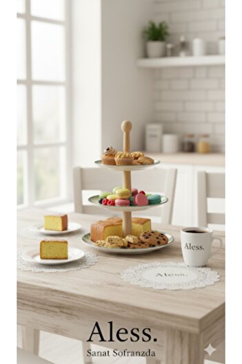 Aless 3-Layer Green Detailled Round Wooden Handle Ceramic Porcelain Presentation Plate, Cookie Plate, Fruit Bowl