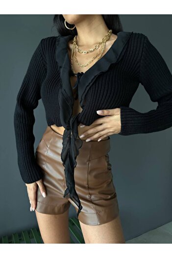sencicollection Women's Tulle Detailed Lace-Up Premium Cardigan
