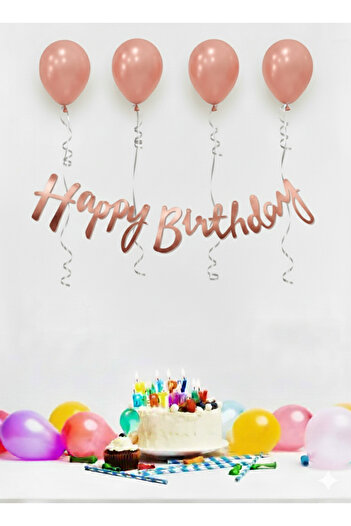 Deniz Party Store 4 Pieces Metallic Rose Gold Balloon Happy Birthday Calligraphy Lettering Set
