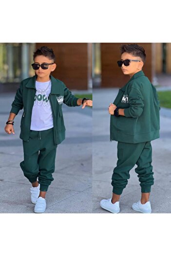 RAPAPA Boy's 3-Piece Tracksuit Set with Zippered Jacket - Green 60275