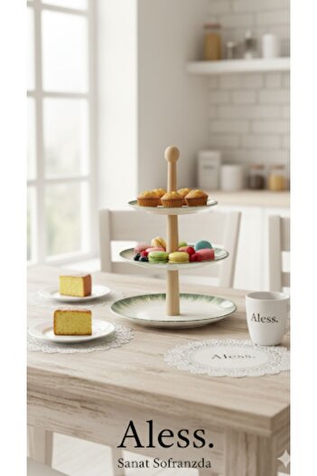 Aless 3-Layer Green Detailled Round Wooden Handle Ceramic Porcelain Presentation Plate, Cookie Plate, Fruit Bowl