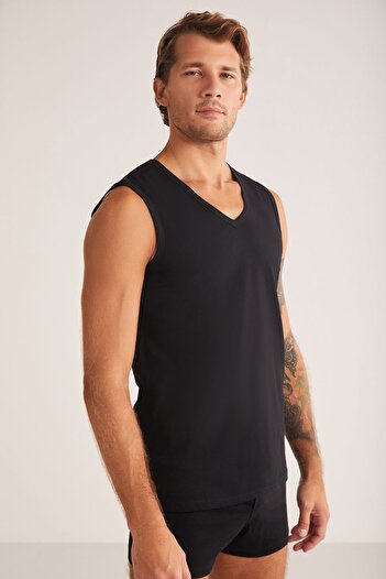 Kom Barry Men's V-Neck Zero Sleeve 100% Cotton 2-Piece Undershirt Set