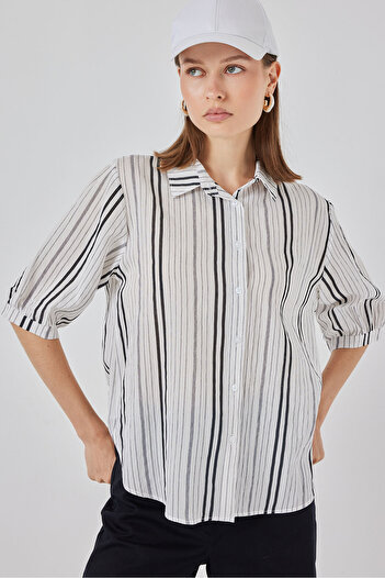 Bigdart Women's Striped Short Sleeve Shirt 20345 - Stone