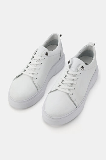 TUNAELLİ Men's White Khaki Natural Leather Sneaker Lace-Up Shoes