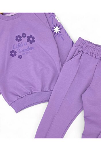 VOY KİDS Girl's Floral Printed Sweatshirt and Grass Green Sweatpants Seasonal Tracksuit Set for Ages 2-10