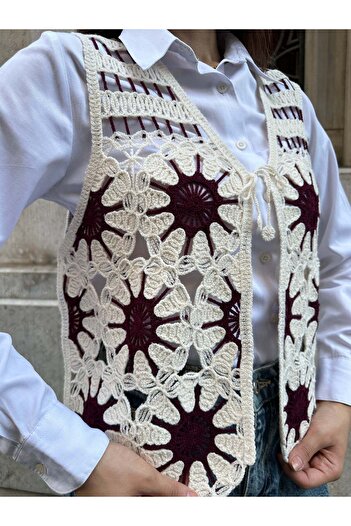 Hatun Atila HatunAtila Patterned Acrylic Sweater Vest Ecru 5197 - Burgundy