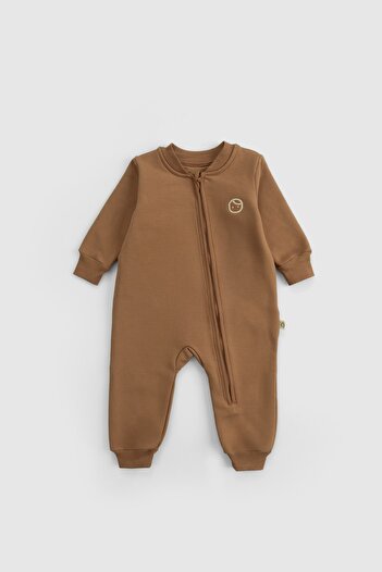Little Gusto Organic Cotton Brown Zippered Baby Romper with Fluffy Inside