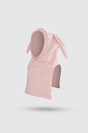 Little Gusto Organik Pamuklu Çift Katlı Tavşan Kulaklı Pembe Balaklava Şapka ve Eldiven Seti
