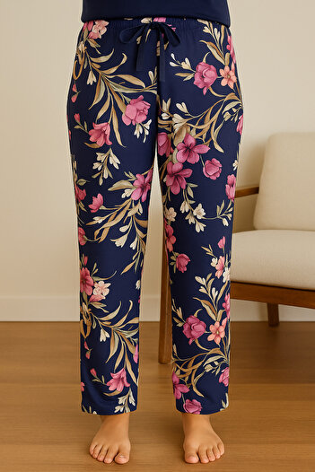 MyBen Navy Blue Floral Patterned Single Bottom Pajamas