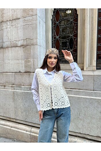 Hatun Atila Hatunatila Floral Patterned Acrylic Sweater Vest 5198 - Ecru