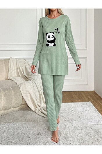 MOVİMENT Mint Panda Embroidered Crew Neck Tube Leg Ribbed Camisole Double Set
