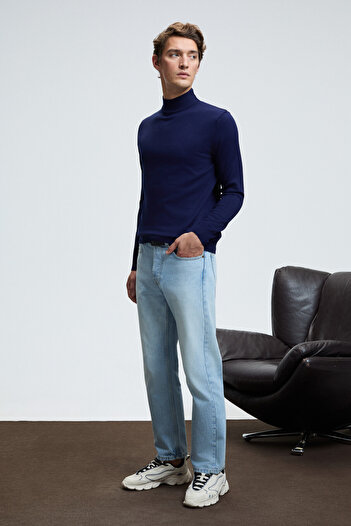 GRIMELANGE Rebel Men's Half Turtleneck Basic Regular Fit Knitwear Navy Blue Sweater