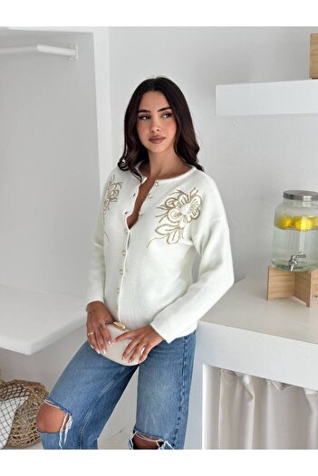 sportiness Soft Textured Floral Patterned Buttoned Knitwear Cardigan