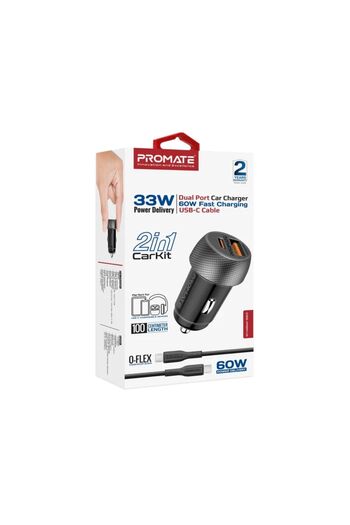 Promate 33W Power Delivery Dual Port Car Charger Combo with 60W Fast Charging USB-C cable