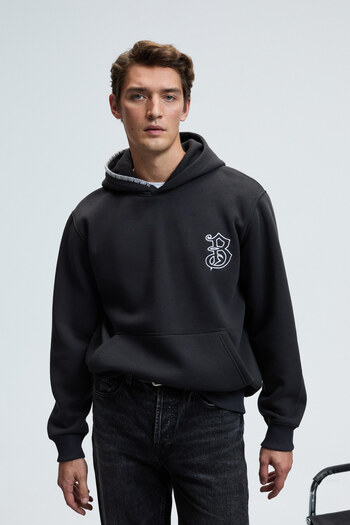GRIMELANGE Grover Men's Anthracite Sweatshirt with Hood, Decorative Stitching Detail, Embroidered Chest and Kangaroo Pocket