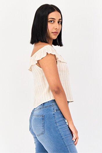 BİLLABONG Women Off Shoulder Ruffle Sleeve Stripe Top, Multicolor