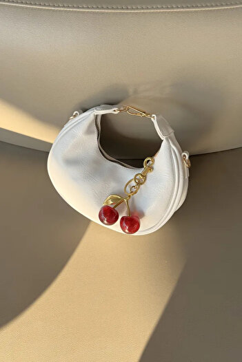 LEONAS Women's Hand and Shoulder Bag Alyona Leather White with Cherry Charm Gift