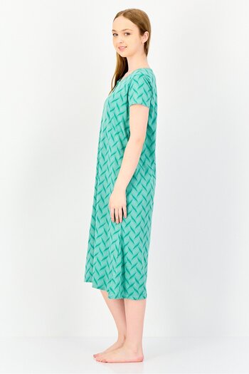 Zivame Rosaline By Women Abstract Print Short Sleeves Sleep Dress, Green