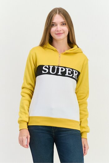 Buzz Women Hooded Long Sleeve Graphic Print Sweatshirt, Yellow/White