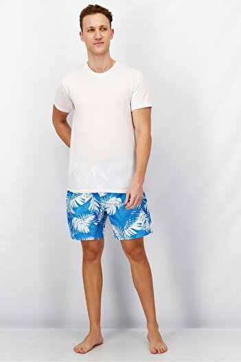 Piping Hot Men Allover Print Drawstring Board Shorts, Blue and White