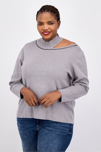 Calvin Klein Women Plus Size Long Sleeves Knitted Sweater, Grey