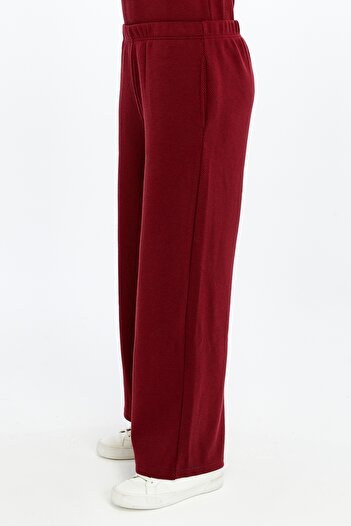 defys Women's Wide Leg Pocketed Textured Regular Fit Trousers Burgundy