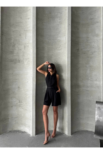 Zerenyus Collared Belted Shorts Jumpsuit Black