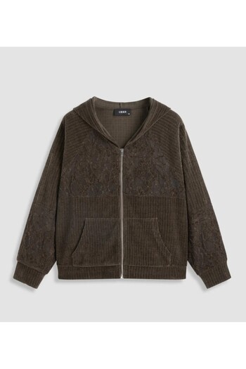 ARDSU Cider Velvet Lace Floral Hooded Top with Pockets Curved and Oversized Coat