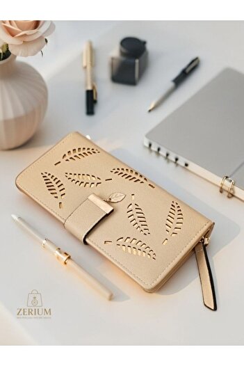 ZERİUM Vintage Leaf Pattern Long Handle Pu Leather Women's Wallet & Card Holder