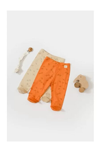BabyCosy Set of 2 Printed pants with booties, BabyCosy, 50% modal+50% cotton, Stone/Apricot