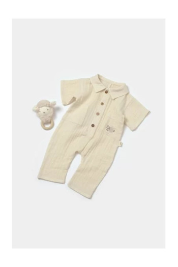 BabyCosy Short-sleeved jumpsuit with buttons Sheep, 100% cotton - Stone,