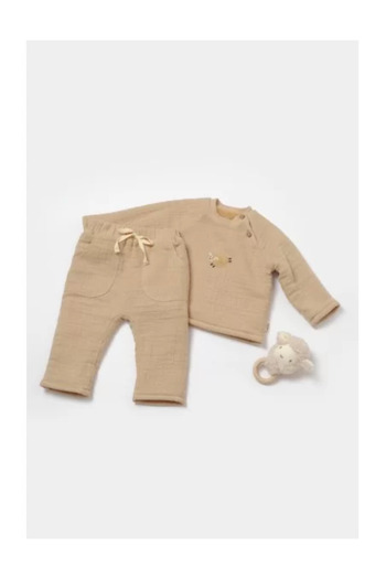 BabyCosy Set bluza dublata si pantaloni, Winter muselin, 100% bumbac - Apricot