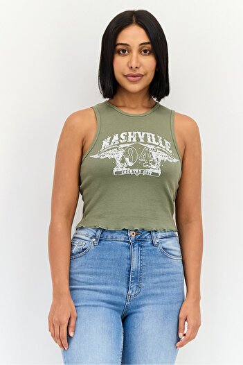 Don't Call Me Jennyfer Women Round Neck Sleeveless Graphic Print Tank Top, Khaki