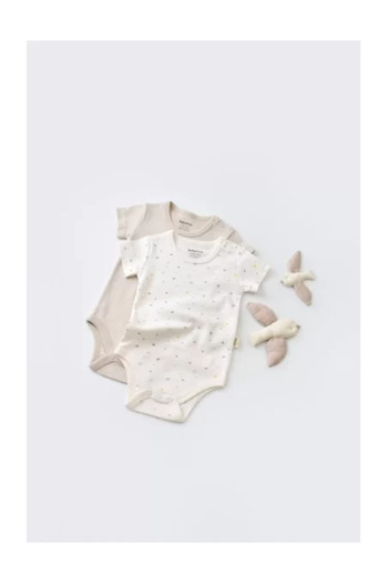 BabyCosy Set of 2 unisex baby bodysuits - 100% cotton - Ecru with polka dots