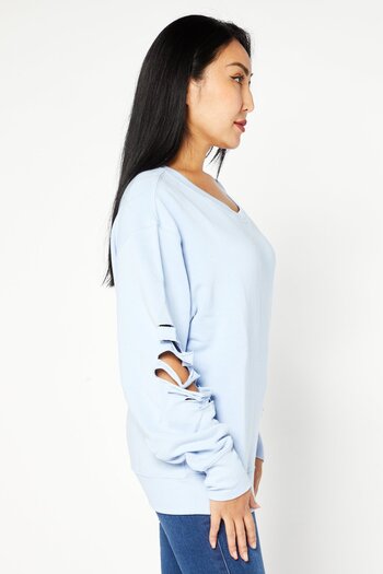 CHRLDR Women Crew Neck Shredded Blair Sweatshirt, Powder Blue