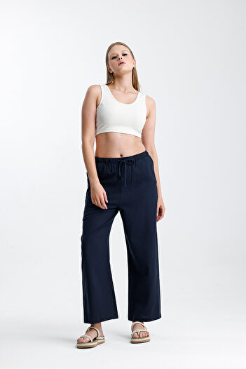 Tate Navy Blue Straight-Cut Cotton Linen Trousers