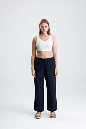 Tate Navy Blue Straight-Cut Cotton Linen Trousers