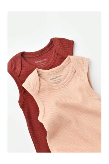 BabyCosy Set of 2 unisex baby sleeveless bodysuits made of cotton and modal - Brick/Salmon