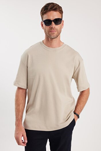 Tudors Μπλουζάκι Unisex Oversize Wide Cut 100% βαμβακερό μαλακό με υφή Basic Crew Neck Stone T-shirt