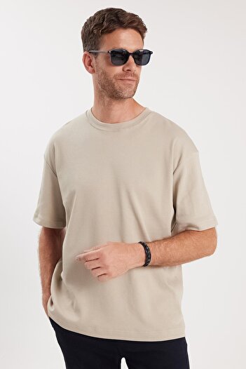 Tudors Μπλουζάκι Unisex Oversize Wide Cut 100% βαμβακερό μαλακό με υφή Basic Crew Neck Stone T-shirt