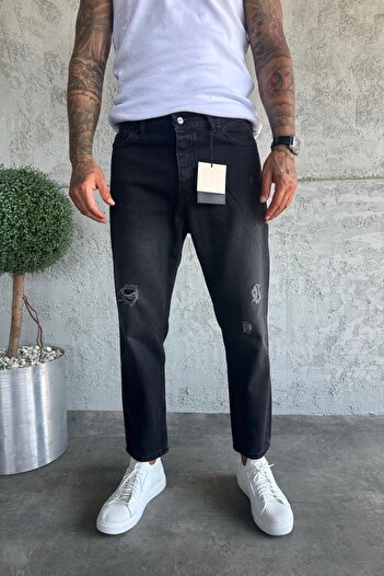 MADZEYMODA Denim Fabric Black Boyfriend Fit Ripped Detailed Men's Jean Trousers Ke-381