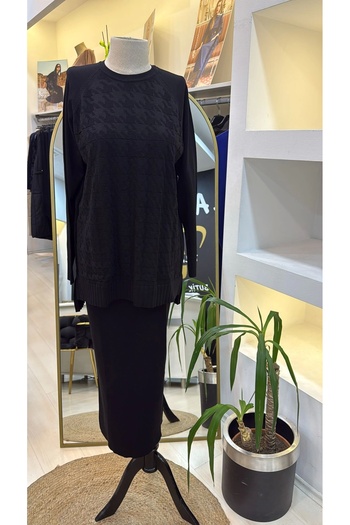 Nuss 1350 Houndstooth Mercerized Skirt Suit Black